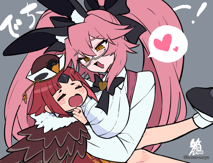 2girls animal_ear_fluff animal_ears benienma_(fate) bird_hat black_bow blush bow breasts brown_headwear closed_eyes collared_shirt crying dress_shirt fate/grand_order fate_(series) feather_trim fox_tail glasses hacco_mayu hair_between_eyes hairbow heart highres japanese_clothes kimono koyanskaya_(assassin)_(second_ascension)_(fate) koyanskaya_(fate) large_breasts long_hair long_sleeves multiple_girls open_mouth parted_bangs pink_hair platform_footwear rabbit_ears red_hair red_kimono shirt sidelocks small_breasts smile spoken_heart tail tamamo_(fate) twintails white_shirt wide_sleeves yellow_eyes