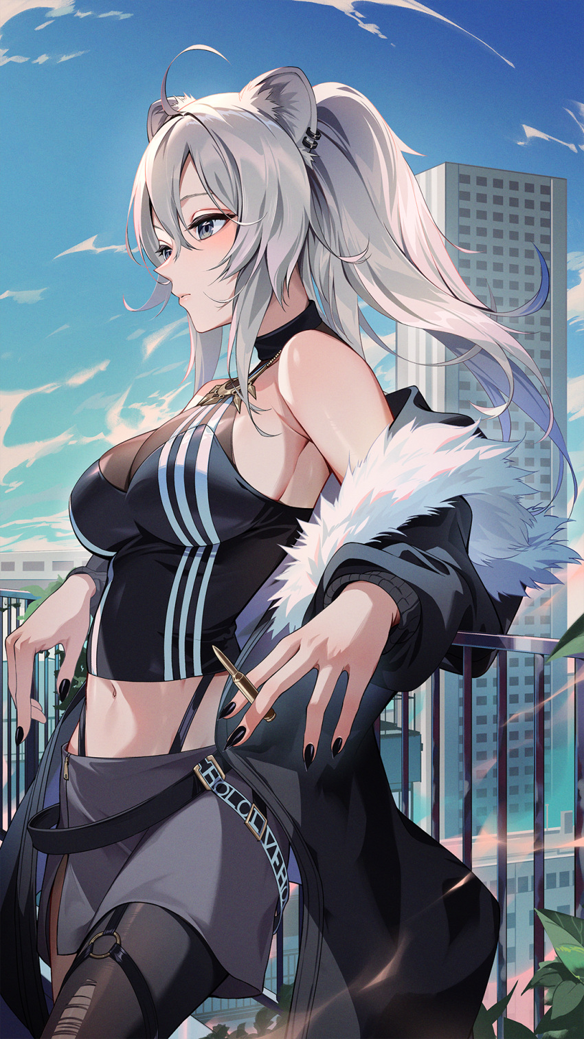 ahoge animal_ears black_jacket black_nails black_pantyhose blue_sky breasts bullet cloud commentary day ear_piercing female fingernails fur-trimmed_jacket fur_trim grey_eyes grey_hair grey_shorts highres holding holding_bullet hololive jacket kainown large_breasts lion_ears lion_girl long_hair long_sleeves nail_polish navel pantyhose piercing shishiro_botan shishiro_botan_(1st_costume) shorts sky solo standing torn_clothes torn_pantyhose virtual_youtuber