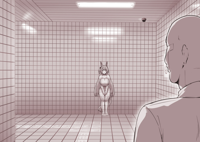 1boy animal_ears bald blush breasts camouflage ceiling_light closed_mouth commentary_request demekyon female hair_ornament highres horse_ears horse_girl horse_tail large_breasts looking_at_viewer monochrome satono_diamond_(umamusume) security_camera sepia smile standing t-head_trainer tail the_exit_8 tile_floor tile_wall tiles trainer_(umamusume) umamusume uniform