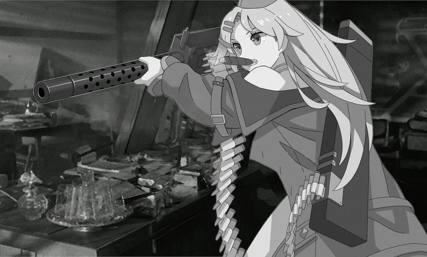 ammunition_belt ammunition_box browning_m1919 cigar commentary_request commission dr._strangelove female garrison_cap girls'_frontline gun hat holding holding_gun holding_weapon light_machine_gun long_hair long_sleeves m1919a4_(girls'_frontline) md5_mismatch monochrome parody pixiv_commission scene_reference solo tab_(tabkun) weapon