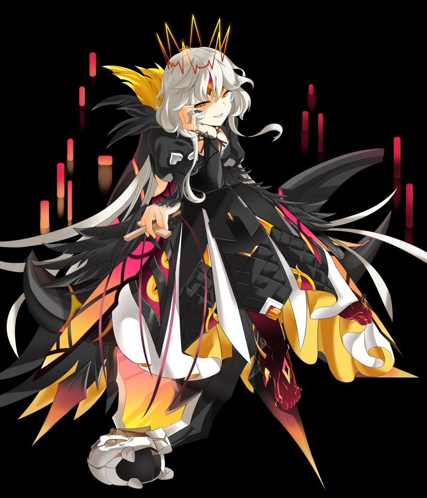 absurdres code:_antithese_(elsword) cracked_skin crossed_legs crown elsword eve_(elsword) forehead_jewel head_rest high_heels highres long_hair marionette puppet remy_(elsword) skirt smile