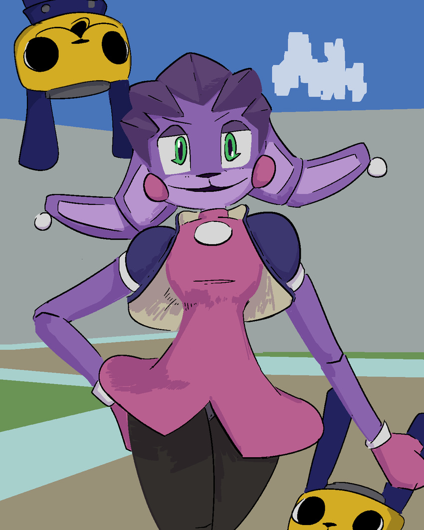 2021 4:5 ambiguous_gender animatronic anthro bonnie_(fnaf) capcom clothed clothing cosplay crossover digital_media_(artwork) female five_nights_at_freddy's gglloooopp green_eyes group hair half-closed_eyes hi_res jacket lagomorph leporid long_ears looking_at_viewer machine mammal mega_man_(series) multicolored_body narrowed_eyes open_mouth purple_body rabbit robot scottgames servbot topwear trio tron_bonne two_tone_body wide_eyed