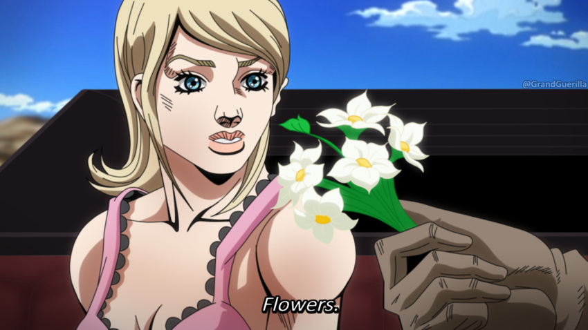 1boy araki_hirohiko_(style) blue_eyes breasts cleavage day derivative_work female flower gloves grandguerrilla holding holding_flower jojo_no_kimyou_na_bouken manga_panel_redraw mountain_tim official_style out_of_frame outdoors parted_lips solo_focus steel_ball_run subtitled twitter_username