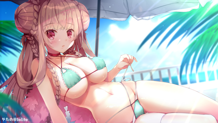 aqua_bikini artist_name azur_lane beach_umbrella bikini blue_bikini braid braided_bun breasts choker criss-cross_halter day double_bun feather_boa female formidable_(azur_lane) formidable_(the_lady_of_the_beach)_(azur_lane) hair_bun halterneck large_breasts long_hair multi-strapped_bikini_bottom multi-strapped_bikini_top official_alternate_costume outdoors palm_leaf pink_choker platinum_blonde_hair purple_eyes side-tie_bikini_bottom single_thighhigh skindentation solo swimsuit thighhighs umbrella very_long_hair water yatano