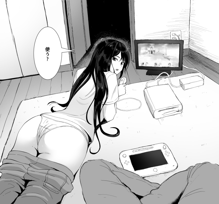 1boy ? absurdres ass clothes_pull commentary controller female game_console game_controller greyscale highres indoors long_hair looking_at_viewer looking_back lying manno_(kanpi2100) monochrome on_stomach open_mouth original panties pants pants_pull playing_games shirt sitting speech_bubble super_smash_bros. television translated underwear white_panties wii_remote wii_u wii_u_gamepad