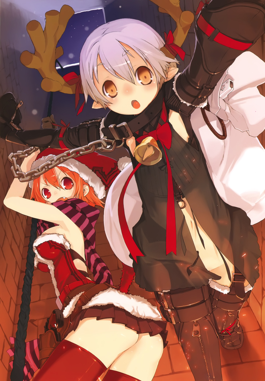 2girls absurdres antlers ass back bare_back bell belt boots bottomless breasts chains chimney collar game_console gun handgun hat highres horns medium_breasts mittens multiple_girls navel nintendo oerba_yun_fang open_mouth orange_hair outstretched_arms photoshop_(medium) pleated_skirt pointy_ears purple_hair red_eyes red_legwear revolver ribbon sack santa_costume scarf short_hair skirt thigh_boots thighhighs unaji weapon wii yellow_eyes zipper