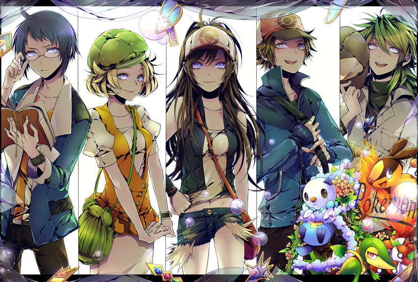 2girls 3boys :d adjusting_eyewear ahoge bad_id bad_pixiv_id badge bag bare_shoulders baseball_cap basic_badge beret between_breasts bianca_(pokemon) black_hair black_hat black_pants black_vest blazer blonde_hair blue_eyes blue_jacket bolt_badge book bracelet breasts bubble cheren_(pokemon) closed_mouth column_lineup cowboy_shot crossed_arms denim denim_shorts flipped_hair flower freeze_badge green_hair green_hat grey_eyes gym_leader_badge hand_on_own_hip happy hat highres hilbert_(pokemon) hilda_(pokemon) holding holding_book holding_clothes holding_hat holding_strap insect_badge interlocked_fingers jacket jet_badge jewelry legend_badge long_hair long_sleeves looking_at_viewer medium_breasts midriff_peek multiple_boys multiple_girls n_(pokemon) nai_kitsu open_book open_clothes open_jacket open_mouth orange_vest oshawott own_hands_together pants pendant poke_ball poke_ball_(basic) poke_ball_print pokemon pokemon_(creature) pokemon_bw popped_collar puffy_short_sleeves puffy_sleeves purple_eyes quake_badge red_hat short_hair short_sleeves shorts shoulder_bag skirt skirt_set sleeveless sleeves_past_wrists smile snivy starter_pokemon_trio tepig torn_clothes torn_shorts transparent trio_badge turtleneck unworn_hat unworn_headwear vest watch white_background white_hat white_skirt wristband wrists_extended wristwatch zipper