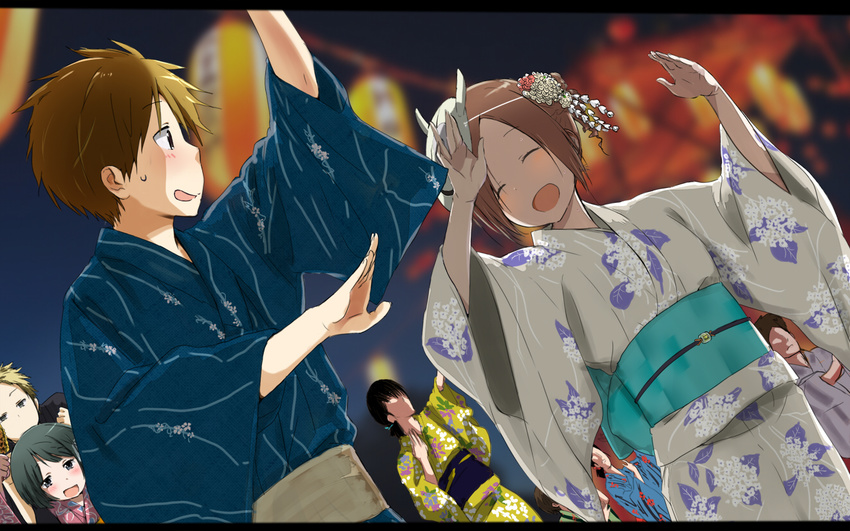 black_hair blonde_hair brown_hair closed_eyes commentary_request dancing fujimiya_kaori happy hase_yuuki isshuukan_friends japanese_clothes kimono kiryuu_shougo long_hair maabou mask multiple_boys multiple_girls outdoors short_hair smile yamagishi_saki