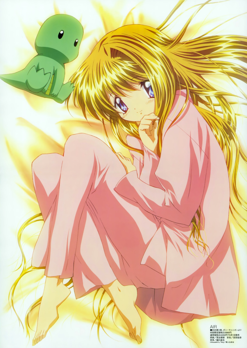 air_(visual_novel) aratani_tomoe barefoot bed bed_sheet bent_back blonde_hair blue_eyes blush feet female fetal_position highres kamio_misuzu long_hair long_sleeves lying magazine_scan megami_magazine official_art on_side pajamas scan smile solo stuffed_animal stuffed_dinosaur stuffed_toy very_long_hair