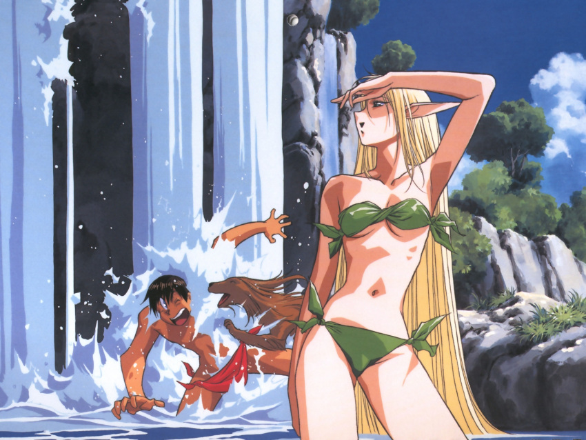 1990s_(style) 1boy bikini blonde_hair canine deedlit elf female highres imageboard_desourced long_hair non-web_source parn_(lodoss) pointy_ears record_of_lodoss_war retro_artstyle scan swimsuit very_long_hair wardrobe_malfunction water waterfall