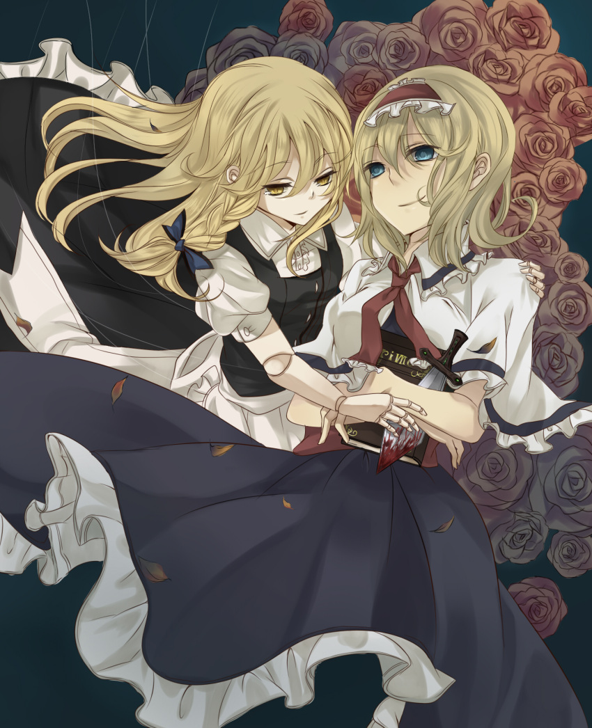 2girls alice_margatroid ayuki bad_id bad_pixiv_id black_flower black_rose blonde_hair blood blue_eyes braid capelet character_doll doll_joints flower hairband highres joints kirisame_marisa long_hair multiple_girls puppet red_flower red_rose rose short_hair string sword tears touhou weapon yandere yellow_eyes