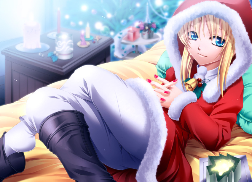 alternate_costume aqua_eyes artoria_pendragon_(fate) bell blonde_hair boots candle christmas commentary_request fate/stay_night fate_(series) female hat nail_polish pink_nails saber_(fate) santa_costume santa_hat solo uraomote