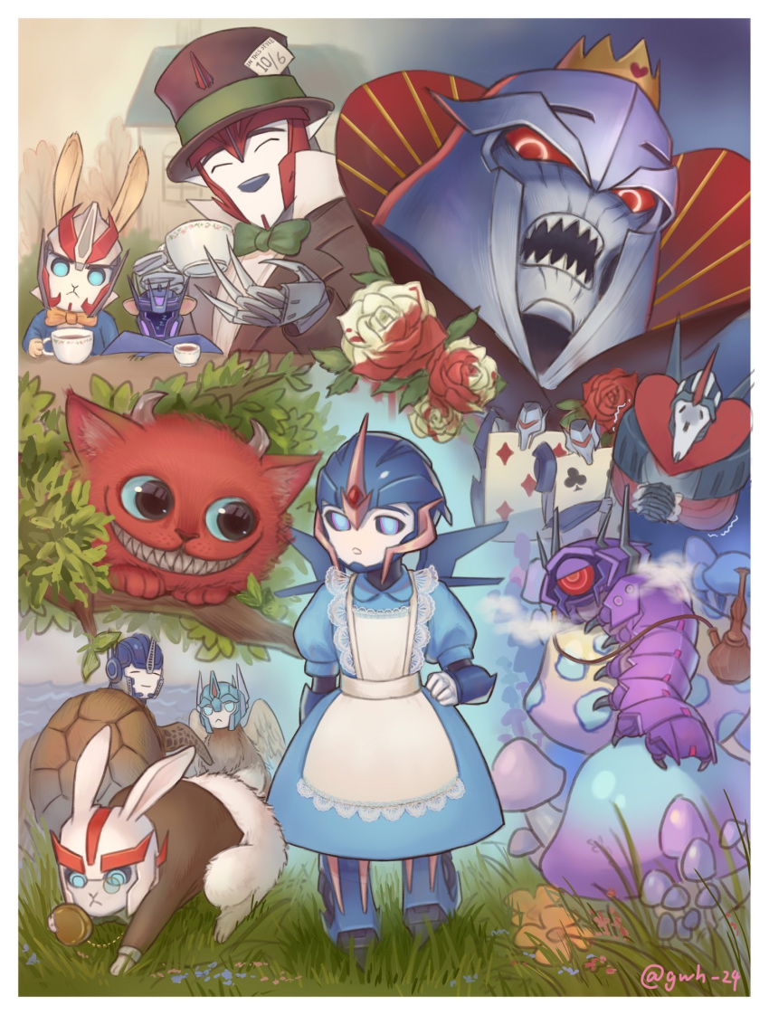 ^_^ alice_(alice_in_wonderland) alice_(alice_in_wonderland)_(cosplay) alice_in_wonderland arcee autobot blue_dress blue_eyes caterpillar cheshire_cat_(alice_in_wonderland) cliffjumper closed_eyes cosplay crossover decepticon dress everyone fusion highres horns jijing5658 king_of_hearts_(alice_in_wonderland) king_of_hearts_(alice_in_wonderland)_(cosplay) knockout_(transformers) looking_down mad_hatter_(alice_in_wonderland) mad_hatter_(alice_in_wonderland)_(cosplay) megatron monocle no_humans open_mouth optimus_prime rabbit red_eyes science_fiction shockwave_(transformers) smile smokescreen_(transformers) soundwave_(transformers) starscream transformers transformers_prime ultra_magnus v-fin vehicon