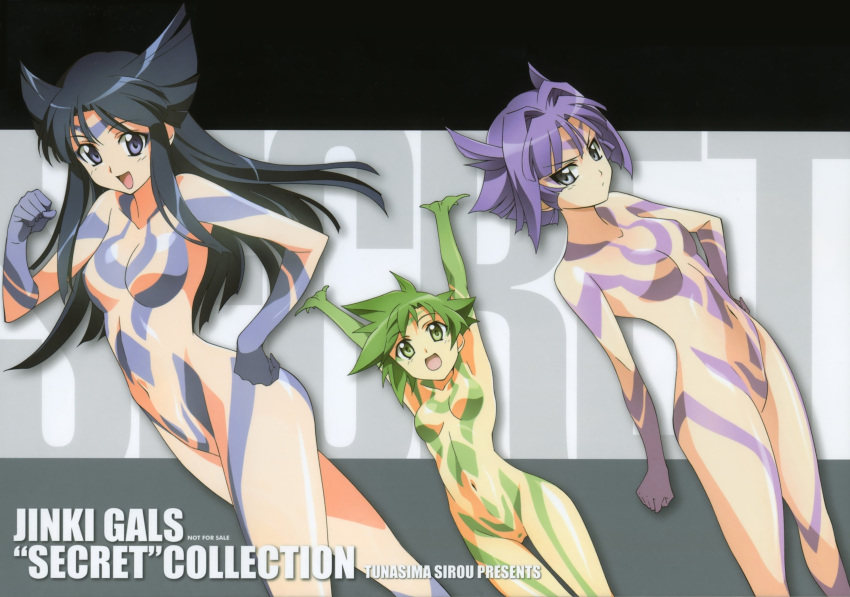 3girls absurdres arms_up artist_name blonde_hair blue_eyes blue_hair bodypaint breasts clenched_hand elnie_tachibana green_eyes green_hair hair_flaps hand_on_own_hip highres jinki kousaka_rui long_hair looking_at_viewer medium_breasts multiple_girls navel not_for_sale official_art tsunashima_shirou tsuzaki_aoba