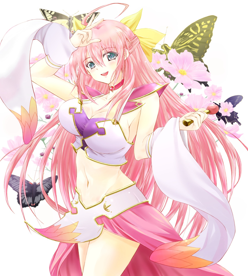 :d ahoge arm_up blue_eyes blush bow breasts bug butterfly choker choukaku cleavage commentary_request crop_top detached_sleeves female flower gem gradient groin hairbow highres holding koihime_musou large_breasts long_hair long_sleeves looking_at_viewer lowleg midriff navel open_mouth pink_hair ryou.r shin_koihime_musou shirt sideboob simple_background skirt smile solo standing taut_clothes taut_shirt v very_long_hair wide_hips