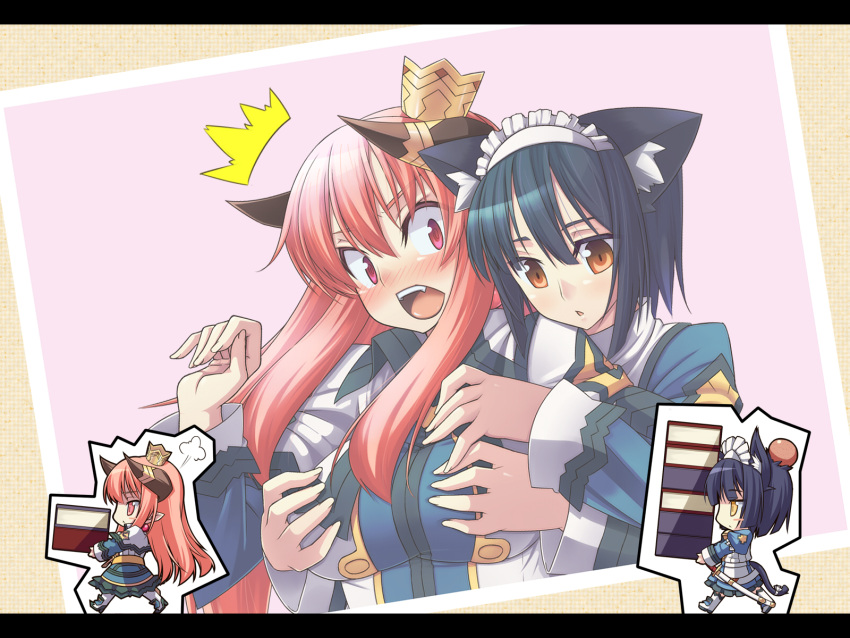 2girls ^^^ akutsu animal_ears blue_hair blush breasts brown_eyes carrying cat_ears cat_tail chibi chibi_inset commentary_request cratius crishtolte crown grabbing grabbing_another's_breast grabbing_from_behind head_bump highres horns ken_to_mahou_to_gakuen_mono ken_to_mahou_to_gakuen_mono_3 large_breasts long_hair maid maid_headdress multiple_girls open_mouth red_eyes red_hair short_hair skirt tail