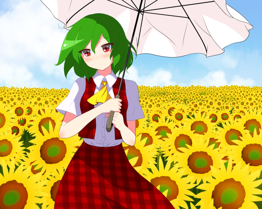 ascot bad_id bad_pixiv_id dress_shirt female flower green_hair kazami_yuuka plaid plaid_skirt plaid_vest red_eyes shiihaku shirt skirt skirt_set solo sunflower touhou umbrella unmoving_pattern vest