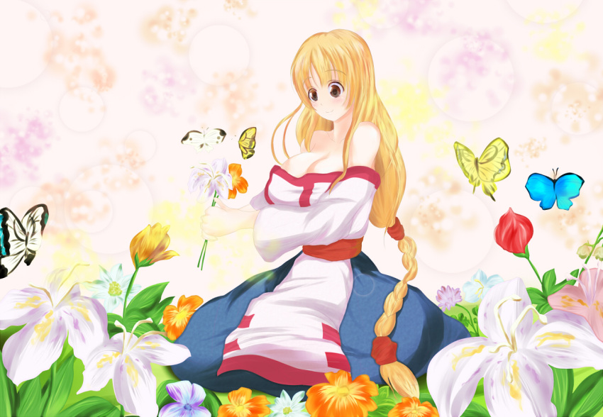 arc_the_lad arc_the_lad_ii blonde_hair braid breasts brown_eyes butterfly cleavage dress female flower lieza long_hair ponzu ponzu_yuki single_braid sitting smile solo