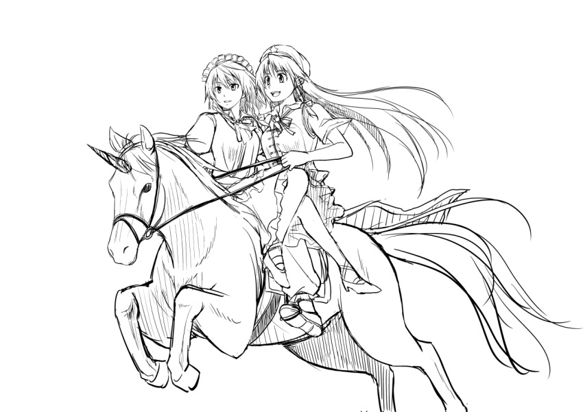 2girls asou_shin braid commentary_request greyscale hair_ribbon hat hong_meiling horse horseback_riding izayoi_sakuya long_hair maid maid_headdress mane monochrome multiple_girls multiple_riders reins ribbon riding short_hair star_(symbol) touhou unicorn