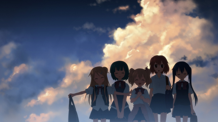 5girls :d alice_cartelet bag black_hair blonde_hair blue_sky blush bow brown_eyes brown_hair closed_eyes clothes_around_waist cloud cumulonimbus_cloud hair_bun hair_ornament hairclip highres hood hooded_jacket hoodie inokuma_youko jacket jacket_around_waist kin-iro_mosaic komichi_aya kujou_karen lone_nape_hair long_hair moegi_high_school_uniform multiple_girls oomiya_shinobu open_mouth outdoors outstretched_arms pleated_skirt school_bag school_uniform short_hair short_twintails single_hair_bun skirt sky smile twintails vest walking yuuki_tatsuya