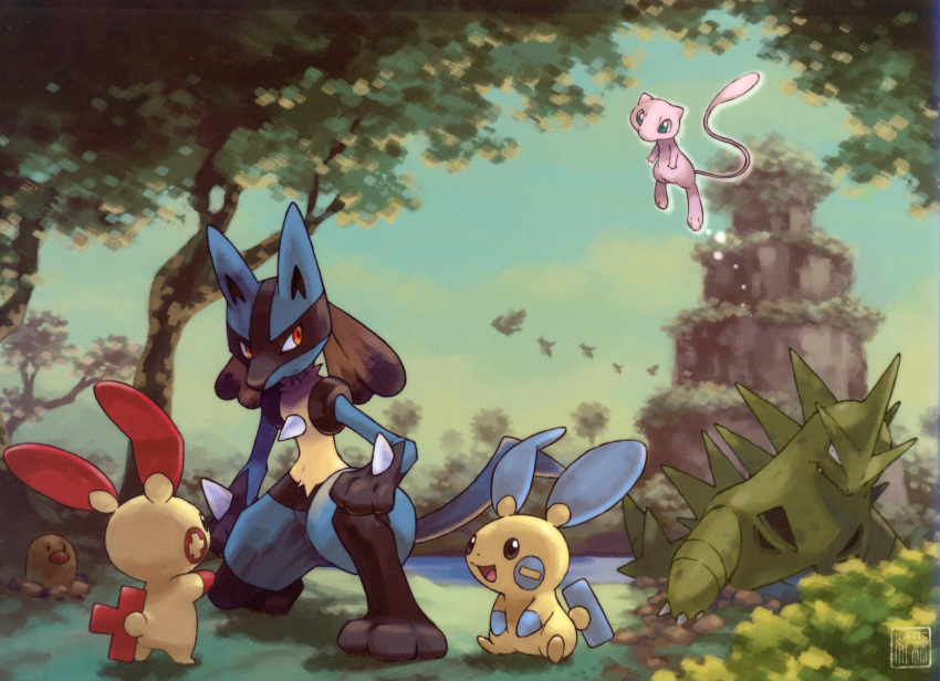 ambiguous_gender anthro canid canine detailed_background diglett feral flying generation_1_pokemon generation_2_pokemon generation_3_pokemon generation_4_pokemon group hi_res ken_sugimori legendary_pokemon lucario mammal mew_(pokemon) minun nature nintendo official_art outside plusle pokemon pokemon_(species) semi-anthro sky tail tyranitar