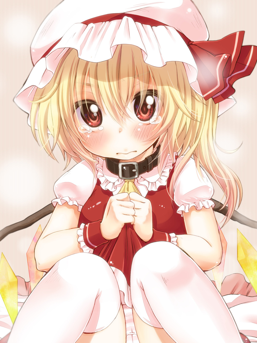 3: absurdres bad_id bad_pixiv_id blonde_hair blush clothes_lift collar dress dress_lift female flandre_scarlet hat highres panties pantyshot photoshop_(medium) red_eyes short_hair side_ponytail sitting solo striped_clothes striped_panties tears thighhighs touhou underwear white_thighhighs wings yukiu_con