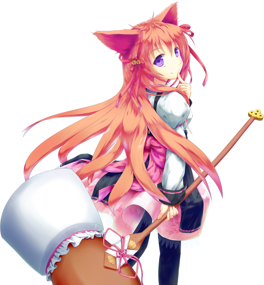 animal_ears bad_id bad_pixiv_id bow dress female finger_to_mouth hair_ribbon hammer highres long_hair looking_back m.u.g.e.n mito_mashiro muneyuki orange_hair pantyhose ribbon smile solo standing tayutama transparent_background weapon