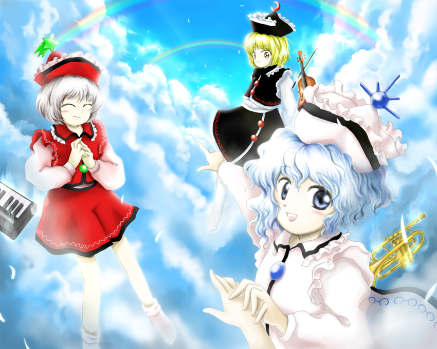 3girls blonde_hair blue_eyes blue_hair blue_sky closed_eyes cloud commentary_request cornet_(instrument) day double_rainbow feathers grey_hair hat instrument keyboard_(instrument) lunasa_prismriver lyrica_prismriver medinki merlin_prismriver multiple_girls official_style parody photoshop_(medium) rainbow shirt siblings sisters skirt skirt_set sky style_parody touhou trumpet violin white_hair yellow_eyes zun_(style)