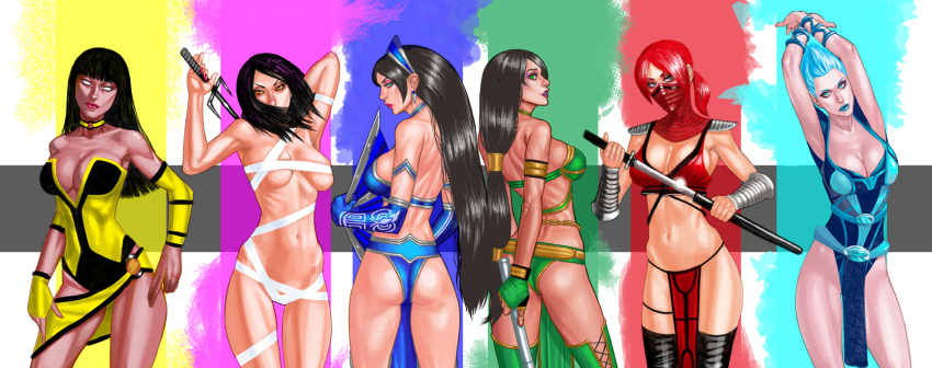 6+girls 6girls arms_up ass bandage bandages bare_shoulders bikini_top black_hair blank_eyes blue_eyes blue_gloves blue_hair blue_lips bracelet breasts chains cleavage dark_skin detached_sleeves earrings fan female frost_(mortal_kombat) gloves green_eyes headdress highres jade jade_(mortal_kombat) jewelry katana kitana large_breasts leotard loincloth long_hair looking_at_viewer looking_back mask midriff mileena mortal_kombat multiple_girls orange_eyes polearm ponytail purple_eyes red_hair sai_(weapon) short_hair shoulder_pads skarlet staff standing sword tan_skin tanya_(mortal_kombat) thighhighs underboob usda weapon white_eyes