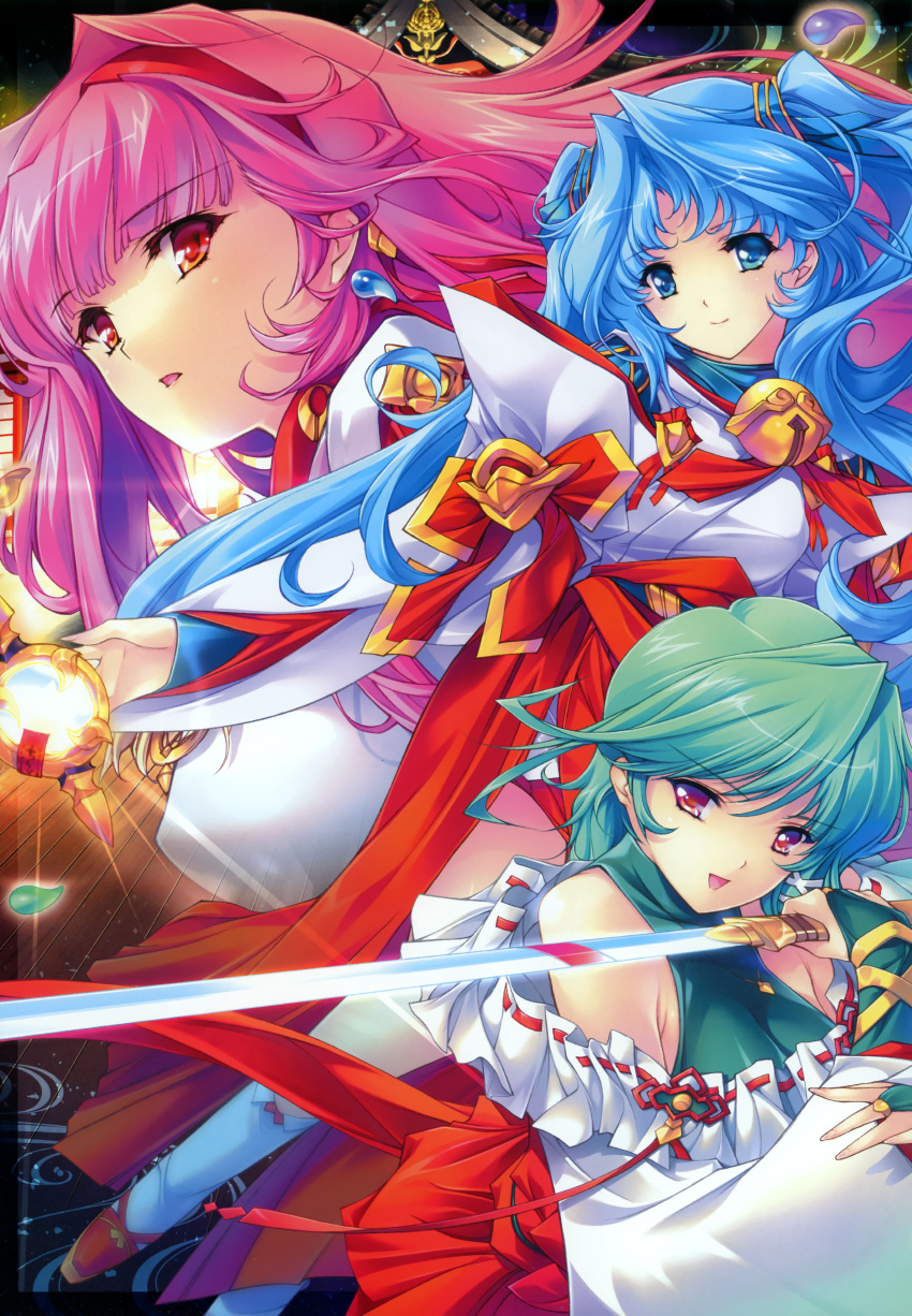 3girls :d absurdres bare_shoulders bell blue_eyes blue_hair blunt_bangs bow breasts bridal_gauntlets covered_nipples earrings endou_momiji fingernails glowing green_hair hair_ribbon hairband hakama hakama_skirt halterneck highres hino_mizuno holding japanese_clothes jewelry jingle_bell kazama_natsu kneehighs large_breasts light_smile long_fingernails long_hair long_sleeves looking_at_viewer looking_back magatama medium_breasts miko min-naraken multiple_girls necklace off_shoulder official_art open_mouth orange_eyes parted_bangs pink_hair red_eyes red_hakama ribbon scrunchie shaman's_sanctuary shoes skirt smile socks sword tress_ribbon turtleneck twintails very_long_hair weapon white_legwear wooden_floor