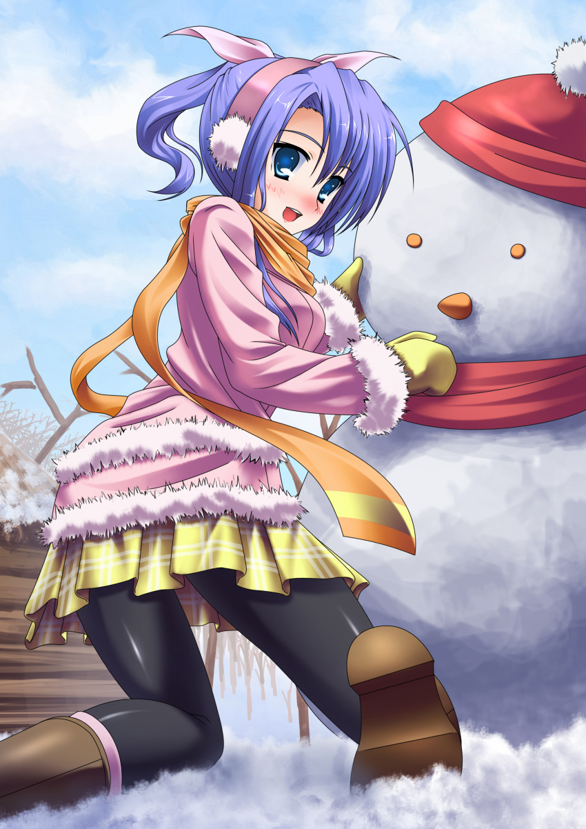 absurdres black_pantyhose blue_eyes blue_hair blush boots commentary_request day earmuffs female from_behind fur_boots hat highres kneeling looking_back mittens open_mouth original pantyhose photoshop_(medium) ponytail scarf shindou_shuuji skirt sky smile snow snowman solo ugg_boots