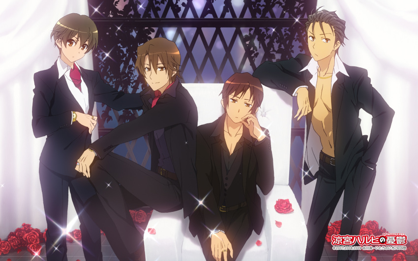 4boys black_hair brown_eyes brown_hair flower hand_in_pocket highres koizumi_itsuki kunikida kyon legs_crossed male male_focus multiple_boys official_art open_clothes open_shirt quartet rose scan shirt short_hair sitting smile sparkle sparkles suzumiya_haruhi_no_yuuutsu taniguchi wallpaper