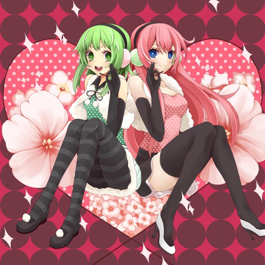 2girls black_pantyhose black_thighhighs blue_eyes commentary_request earmuffs flower green_eyes green_hair gumi happy_synthesizer_(vocaloid) headset highres long_hair megurine_luka multiple_girls open_mouth pantyhose pink_hair polka_dot sitting skirt smile striped_clothes striped_pantyhose tawara_hiryuu thighhighs very_long_hair vocaloid