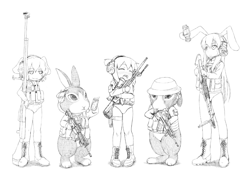 3girls :3 airsoft animal_ears anti-materiel_rifle assault_rifle battle_rifle bipod boots botasky cat_shit_one commentary_request crossover fn_scar fn_scar_16 greyscale gun h&k_hk417 headphones heckler_&_koch highres inaba_tewi iris_(material_sniper) kusaba_(kusabashiki) load_bearing_vest long_hair m4_carbine m60 machine_gun material_sniper military_operator monochrome multiple_girls night_vision_device no_pants optical_sight packy panties ptrs-41 rabbit reisen_udongein_inaba rifle scope short_hair sniper_rifle touhou transparent_background trigger_discipline underwear vertical_foregrip vest weapon