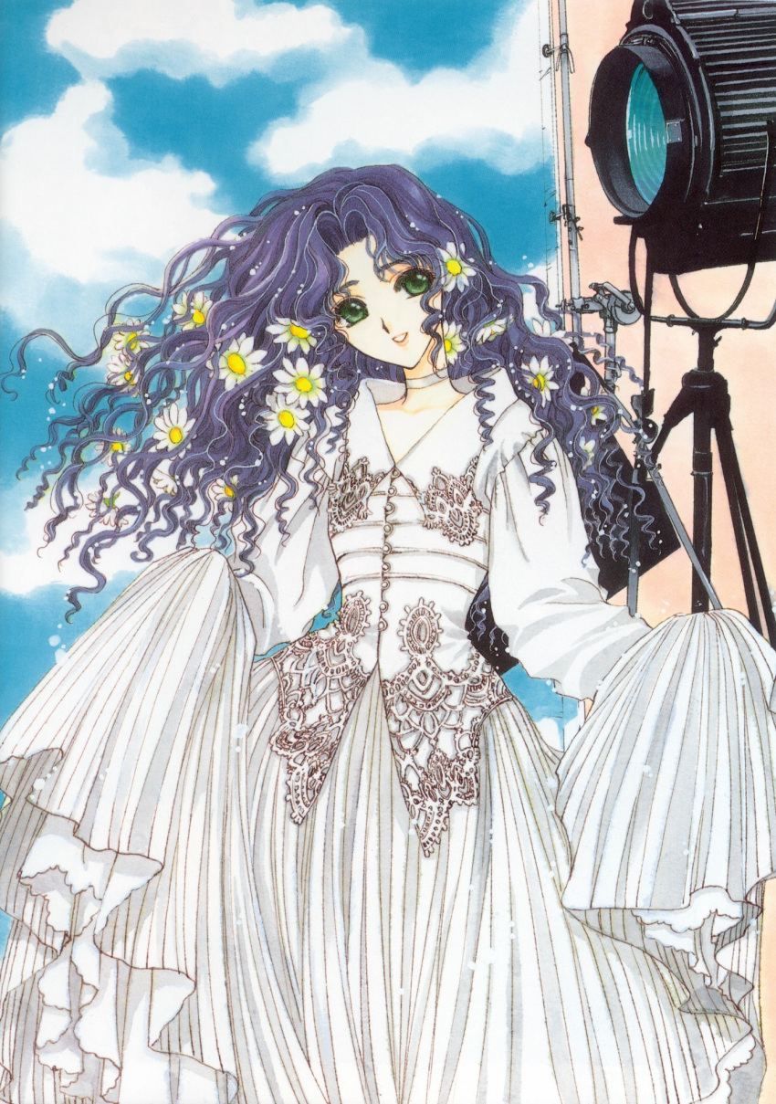 1990s_(style) cardcaptor_sakura choker clamp_(circle) clothes_grab cloud curly_hair dress female flower green_eyes hair_flower hair_ornament head_tilt highres kinomoto_nadeshiko long_hair long_sleeves looking_at_viewer marker_(medium) official_art open_mouth purple_hair retro_artstyle skirt_hold sky smile solo traditional_media wavy_hair white_choker white_dress white_flower