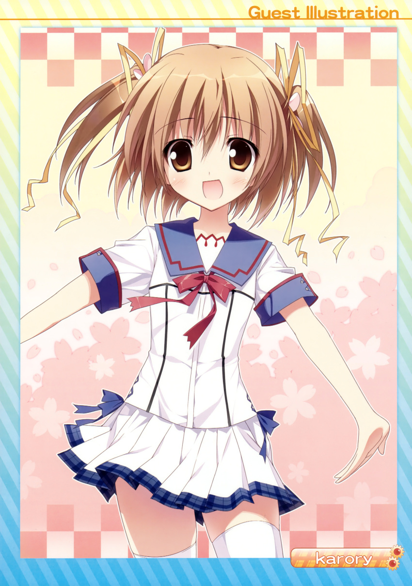 :d absurdres bow brown_eyes brown_hair deliverer! female hair_ribbon happy highres karory open_mouth ribbon school_uniform short_hair short_twintails smile solo thighhighs twintails white_legwear yufu_sumika zettai_ryouiki