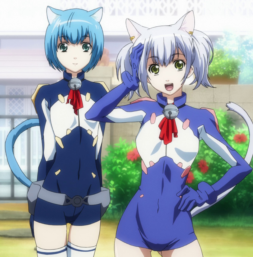 2girls :d animal_ears anime_screenshot arms_behind_back asobi_ni_iku_yo! bell belt belt_pouch blue_eyes blue_hair bracer breasts brick_wall bush cat_ears cat_tail chaika covered_navel cowboy_shot day earrings extra_ears flower gate gloves green_eyes grey_hair hand_on_own_head hand_on_own_hip highres jewelry jingle_bell light_smile looking_at_viewer loose_belt melwin multiple_girls open_mouth pouch short_hair short_twintails small_breasts smile stitched tail thigh_gap thighhighs third-party_edit twintails unitard white_legwear