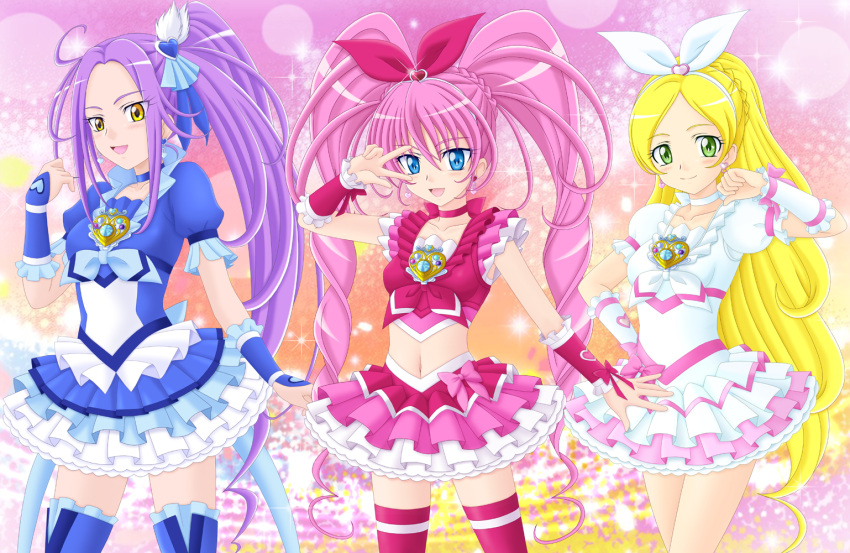 3girls blonde_hair blue_choker blue_eyes blue_skirt boots bow choker commentary_request cure_beat cure_melody cure_rhythm eyelashes green_eyes houjou_hibiki kurokawa_eren magical_girl minamino_kanade miracle! multiple_girls pink_bow pink_choker pink_hair pink_wrist_cuffs ponytail precure purple_hair seiren_(suite_precure) side_ponytail skirt suite_precure thigh_boots thighhighs twintails white_choker wrist_cuffs yellow_eyes