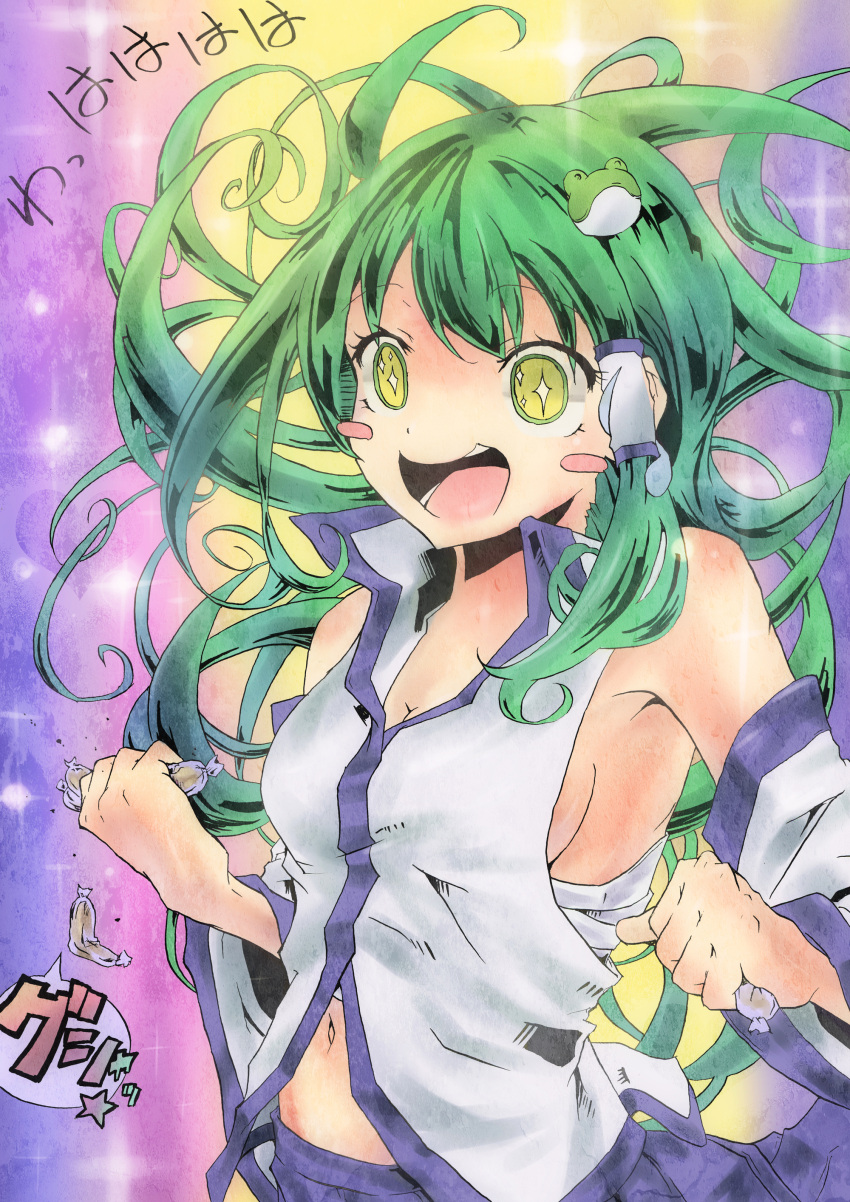 absurdres bare_shoulders blush_stickers breasts commentary_request crazy_eyes crushing detached_sleeves female frog green_hair hair_ornament hair_tubes happy_turn heart highres jakkun kochiya_sanae long_hair medium_breasts messy_hair navel open_mouth photoshop_(medium) sarashi sideboob snack solo star_(symbol) touhou translated yellow_eyes