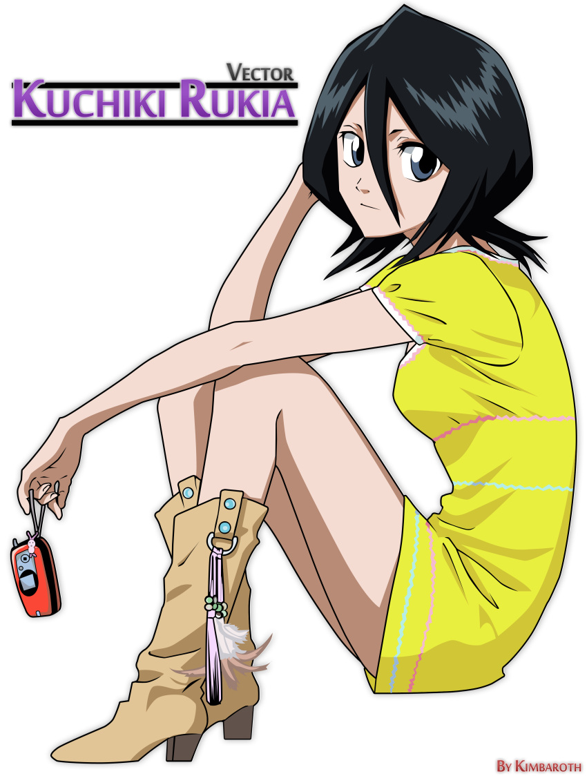 absurdres black_hair bleach blue_eyes boots cellphone commentary_request cowboy_boots dress female highres kubo_tite kuchiki_rukia phone short_hair sitting solo transparent_background vector_trace yellow_dress