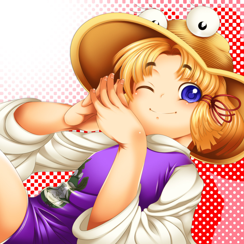 blonde_hair blue_eyes commentary_request dutch_angle eyebrows eyelashes female frog ginnyo hair_ribbon hands hat highres moriya_suwako one_eye_closed photoshop_(medium) ribbon short_hair smile solo steepled_fingers touhou upper_body