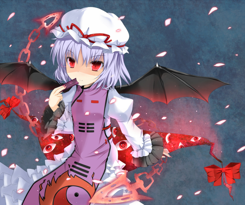 bat_wings blue_hair chains commentary_request cosplay female fujieda_uzuki gap_(touhou) hat miserable_fate red_eyes remilia_scarlet solo tabard touhou trigram wings yakumo_yukari yakumo_yukari_(cosplay) yin_yang yin_yang_print