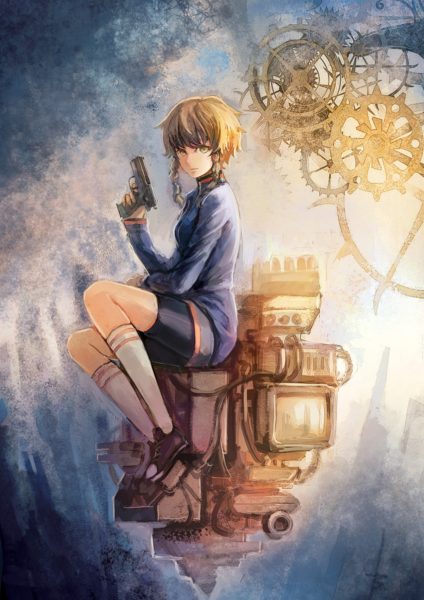 amane_suzuha bike_shorts braid brown_hair bryanth commentary_request female gears gun handgun highres photoshop_(medium) shoes short_hair_with_long_locks side_braid sitting sneakers socks solo steins;gate twin_braids weapon white_socks yellow_eyes