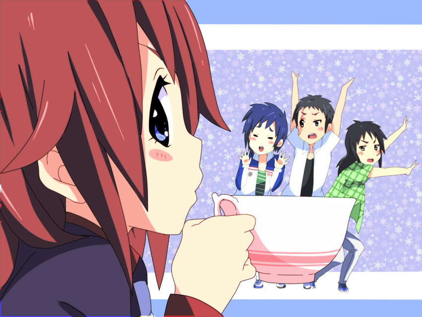 black_hair blue_eyes blue_hair blush_stickers buraiden_gai cover_parody cup eyebrows grey_eyes ichijou_(kaiji) itou_kaiji jacket k-on! kaiji kudo_gai kudou_gai long_hair parody red_hair scar style_parody teacup tobaku_haouden_zero ukai_zero