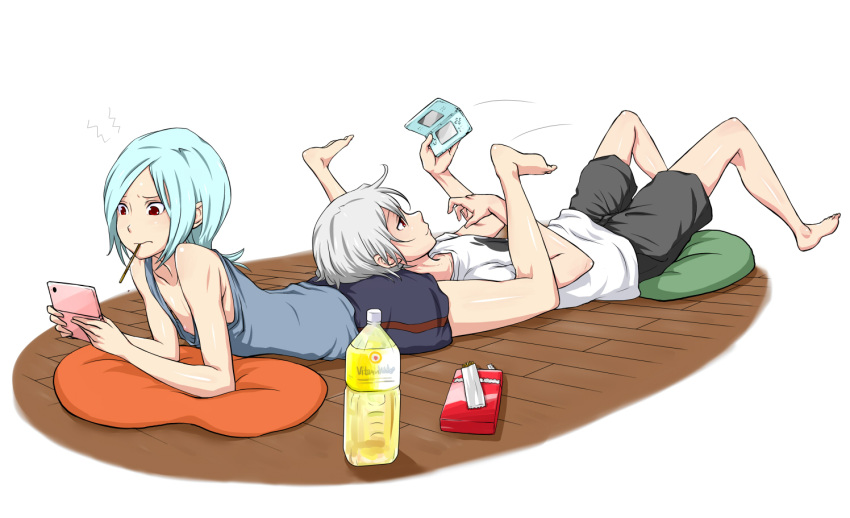 2boys 3.1 7 7-tan androgynous apple apple_inc. barefoot blue_hair bottle food fruit long_hair lying mac macintosh mouth_hold multiple_boys nanao-kun nintendo_ds nipples os os-tan os9-kun pillow pocky red_eyes rule_63 short_hair shorts trap u-suke utsuke white_hair