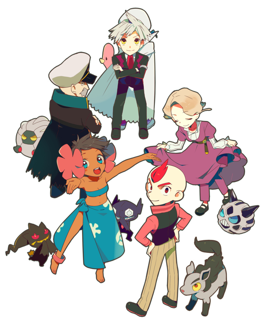 2girls 4boys alternate_costume anklet back-to-back bad_id bad_pixiv_id banette barefoot black_hair blonde_hair blue_eyes blue_hair blue_sarong bowing cape chibi closed_eyes coat crossed_arms curtsey dark_skin drake_(pokemon) dress everyone facial_hair flower glacia_(pokemon) glalie grey_hair hair_flower hair_ornament hands_on_own_hips hat highres jewelry looking_back luvdisc mightyena moustache multiple_boys multiple_girls pants phoebe_(pokemon) pokemon pokemon_(creature) pokemon_rse print_sarong red_eyes red_hair sableye sarong shelgon short_hair sidney_(pokemon) skirt_hold smile steven_stone strapless tube_top ucchii wallace_(pokemon) yellow_eyes