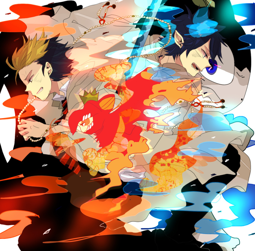 2boys ao_no_exorcist asou_(zone54) bad_id bad_pixiv_id beads black_hair blue_eyes blue_fire fire flaming_sword flaming_weapon karura kuro_(ao_no_exorcist) multicolored_hair multiple_boys necktie okumura_rin photoshop_(medium) prayer_beads school_uniform short_hair striped striped_necktie suguro_ryuuji sword two-tone_hair weapon