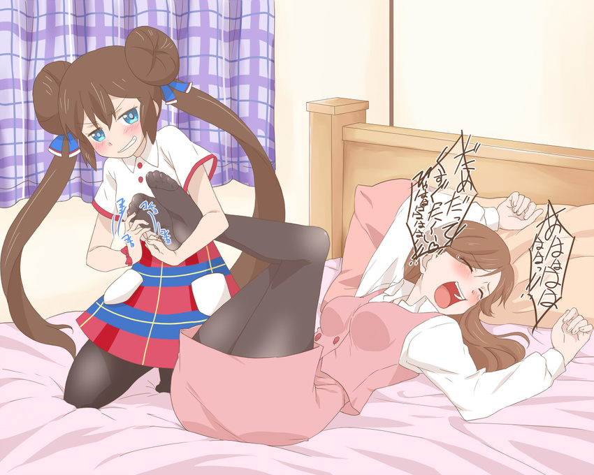 2girls bed black_legwear blue_eyes blush brown_hair clerk_(pokemon) double_bun feet foot_tickling gizen_yasan grin hands_on_feet laughing long_hair lying mei_(pokemon) multiple_girls nintendo no_shoes npc npc_trainer on_back open_mouth pantyhose pokemon pokemon_(game) pokemon_bw2 pokewood restrained smile soles tickle_torture tickling toes twintails very_long_hair yuri