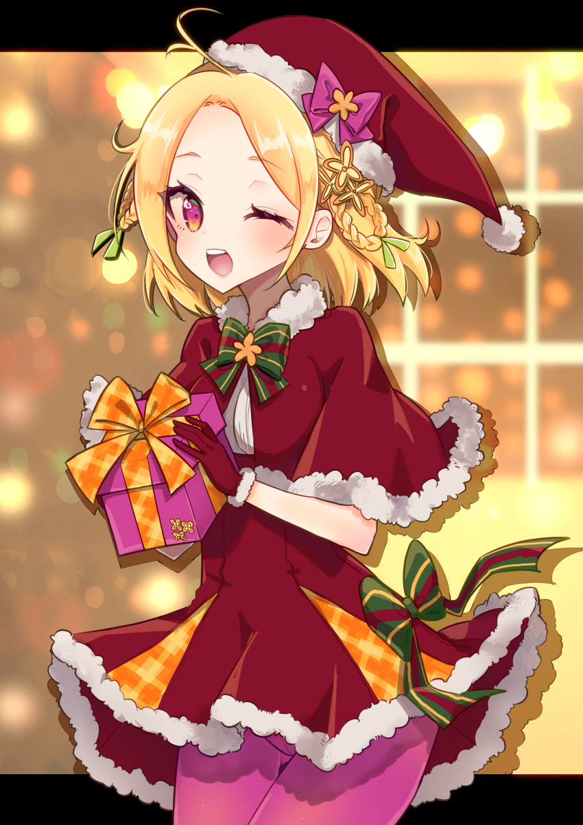 ;d absurdres ahoge blonde_hair blush bow box braid capelet christmas cowboy_shot dress dress_bow female flower_knight_girl fur_trim gift gift_box gloves green_bow hat hat_bow highres holding holding_gift iyuka_(ecalyu) looking_at_viewer multicolored_eyes one_eye_closed orange_eyes pantyhose pink_bow pink_pantyhose plaid plaid_bow purple_eyes red_capelet red_dress red_gloves red_hat santa_hat short_dress short_hair smile solo standing striped striped_bow yadorigi_(flower_knight_girl) yellow_background