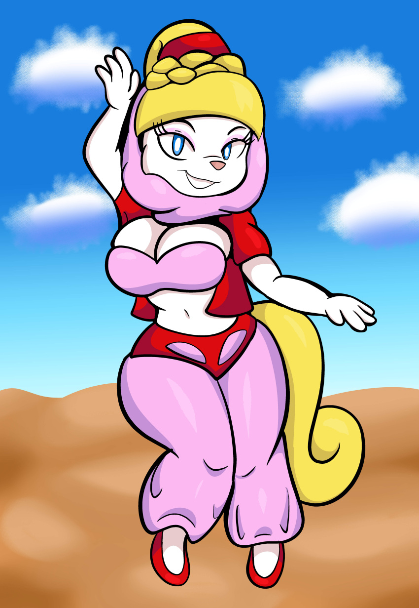 absurd_res animaniacs anthro big_breasts breasts cleavage clothed clothing cosplay dancing desert female genie hi_res i_dream_of_jeannie jeannie looking_at_viewer mammal midriff minerva_mink mink mustelid musteline solo someth1ngoranother true_musteline warner_brothers